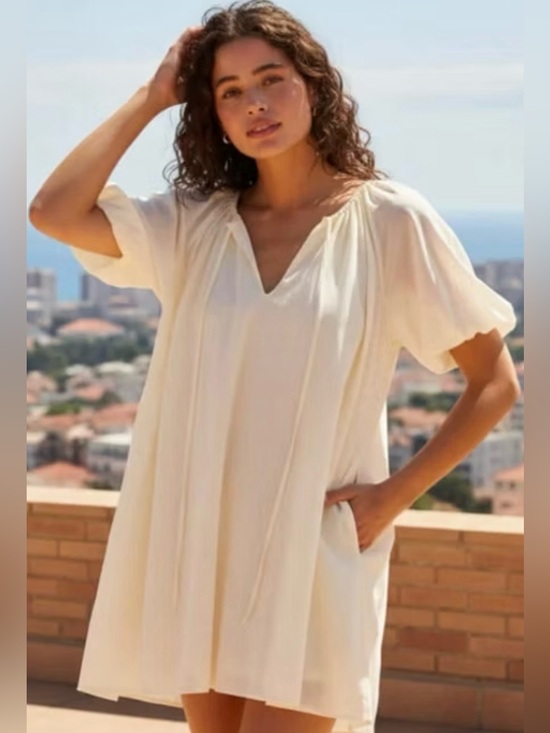 Seafolly Dresses & Skirts - New SEAFOLLY Mini Babydoll Dress Ecru Drawstring Pockets Cotton Sz 12 US Lined